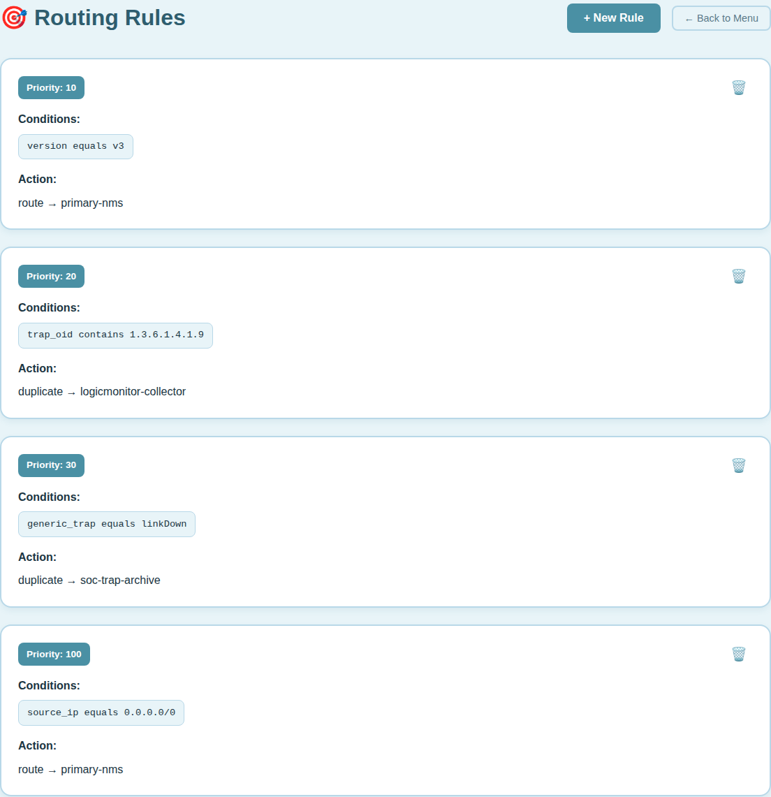 Echo Station routing rules with priority-ordered conditions and actions